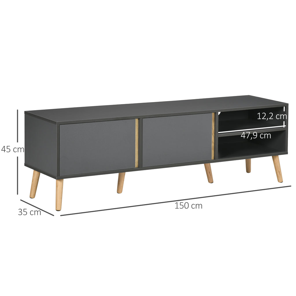 Meuble TV pour télévision jusqu'à 55 pouces scandinave 2 portes 2 niches avec passe-câbles 150 x 35 x 45 cm gris foncé