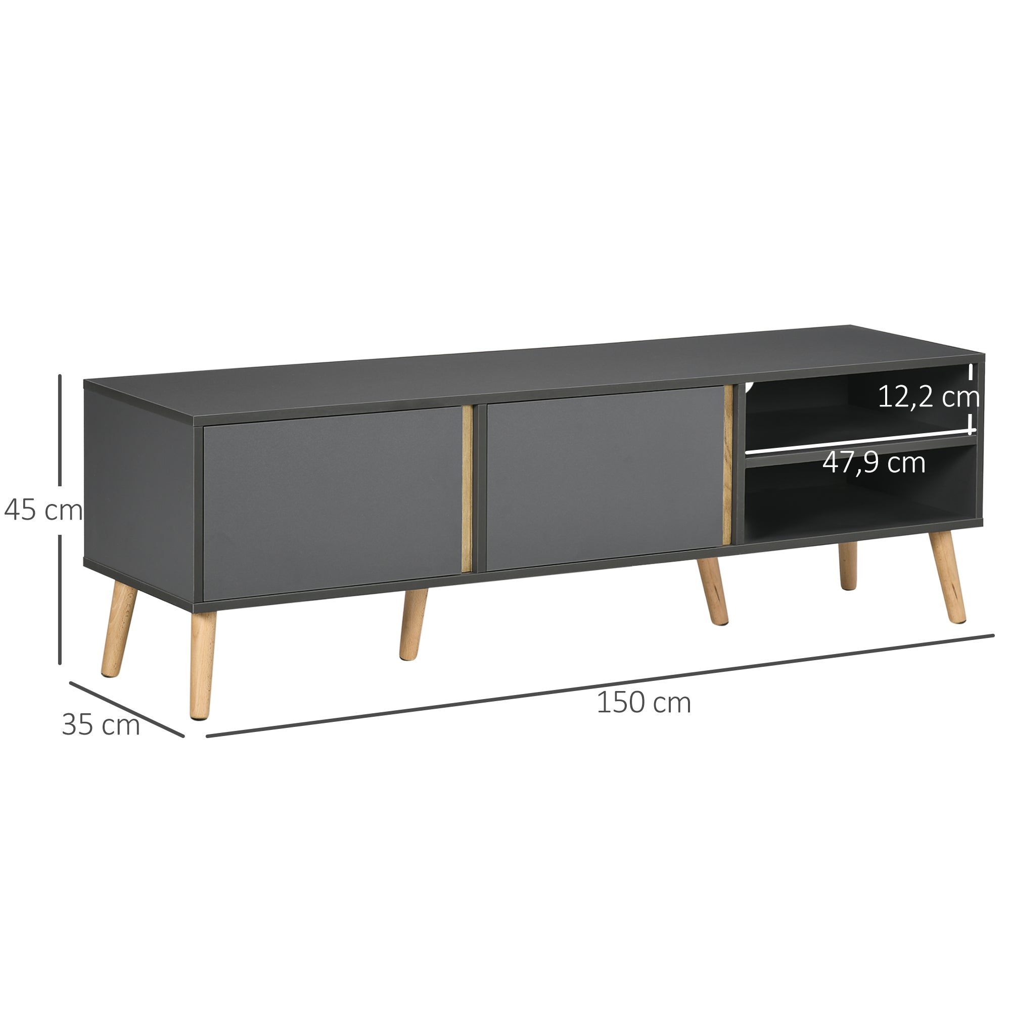 Meuble TV pour télévision jusqu'à 55 pouces scandinave 2 portes 2 niches avec passe-câbles 150 x 35 x 45 cm gris foncé
