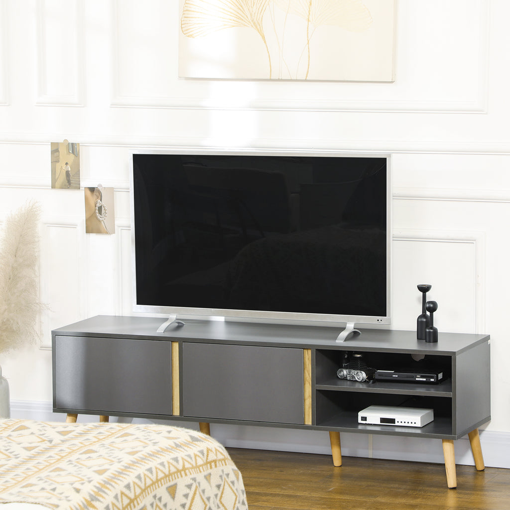 Meuble TV pour télévision jusqu'à 55 pouces scandinave 2 portes 2 niches avec passe-câbles 150 x 35 x 45 cm gris foncé