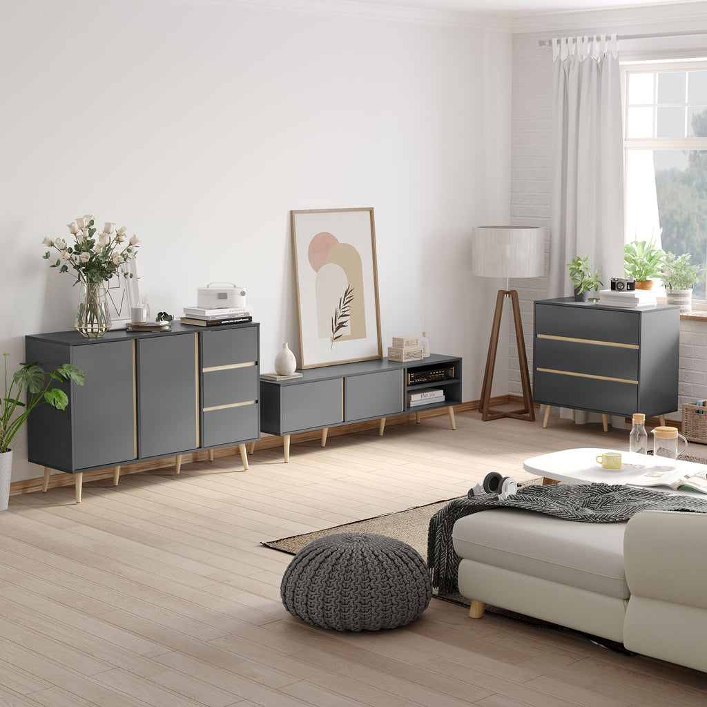Meuble TV pour télévision jusqu'à 55 pouces scandinave 2 portes 2 niches avec passe-câbles 150 x 35 x 45 cm gris foncé