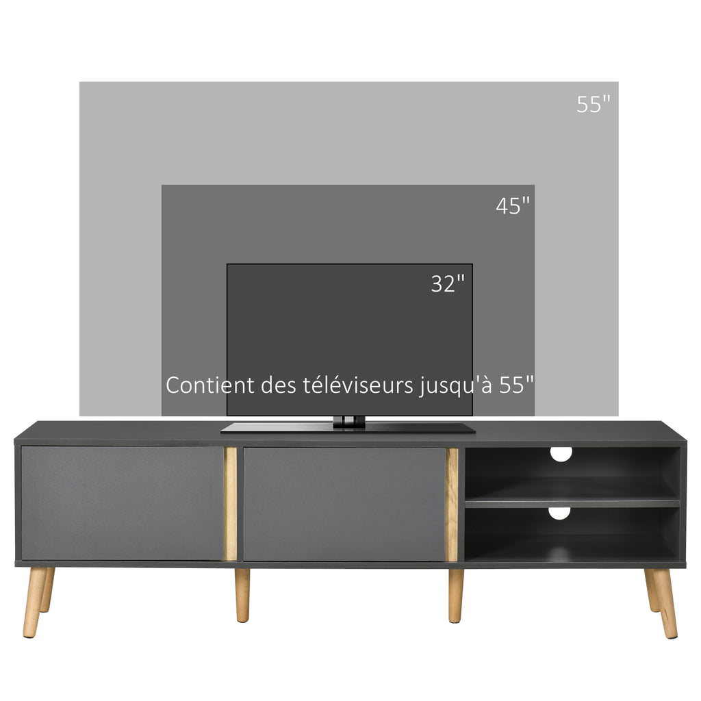 Meuble TV pour télévision jusqu'à 55 pouces scandinave 2 portes 2 niches avec passe-câbles 150 x 35 x 45 cm gris foncé