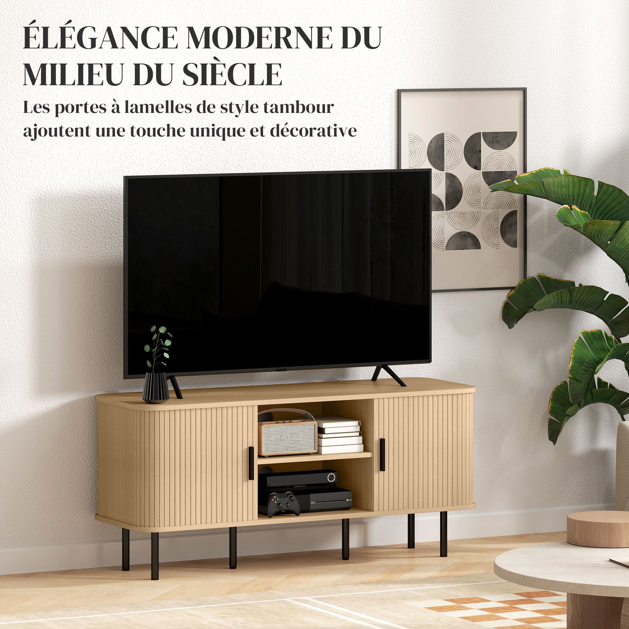 Meuble TV avec 2 portes tambour à lamelles design scandinave pour télévision jusqu'à 55 pouces 120 cm ton chêne