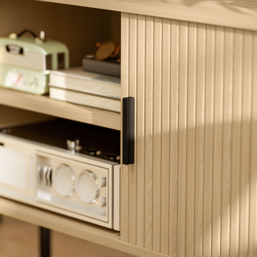 Meuble TV avec 2 portes tambour à lamelles design scandinave pour télévision jusqu'à 55 pouces 120 cm ton chêne