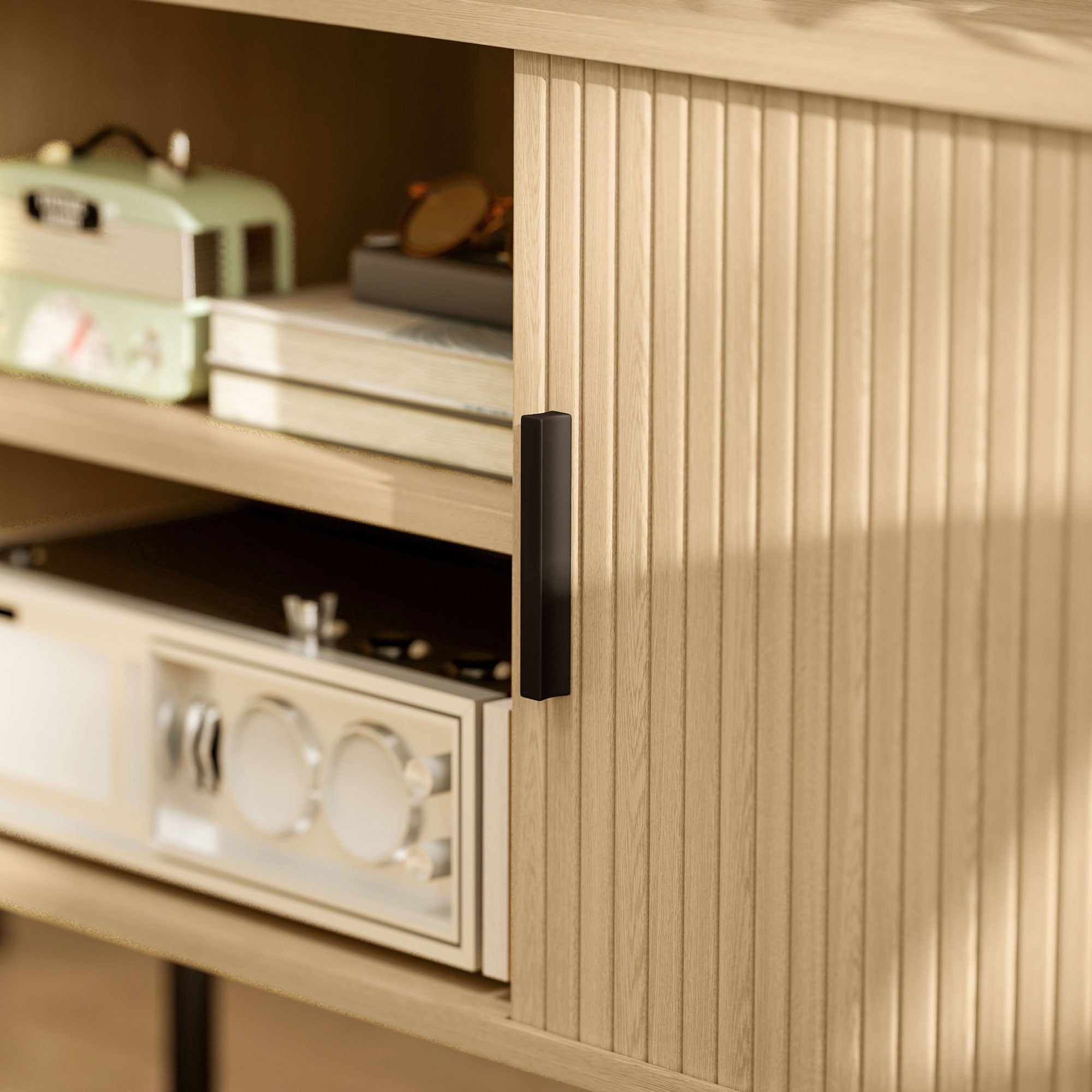 Meuble TV avec 2 portes tambour à lamelles design scandinave pour télévision jusqu'à 55 pouces 120 cm ton chêne