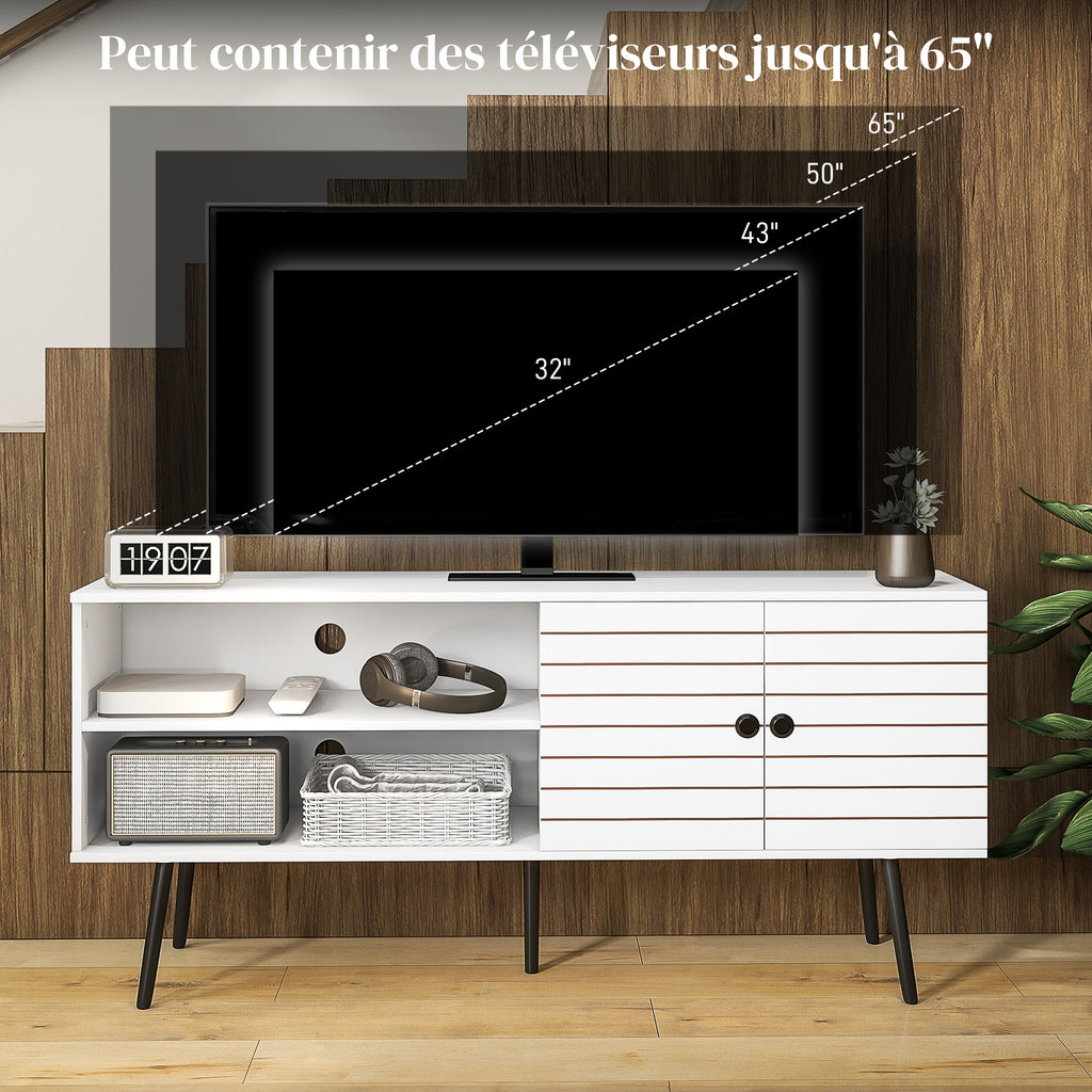 Meuble TV pour télévision jusqu'à 65 pouces avec 2 compartiments ouverts et 1 étagère réglable 145x38x65 cm Blanc