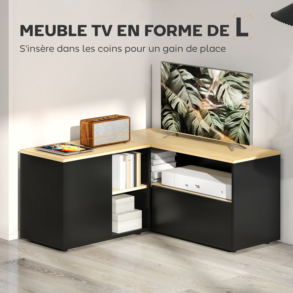 Meuble TV d'angle banc télévision jusqu'à 40 pouces avec 2 placards et 3 niches 90 x 90 x 45 cm chêne et noir