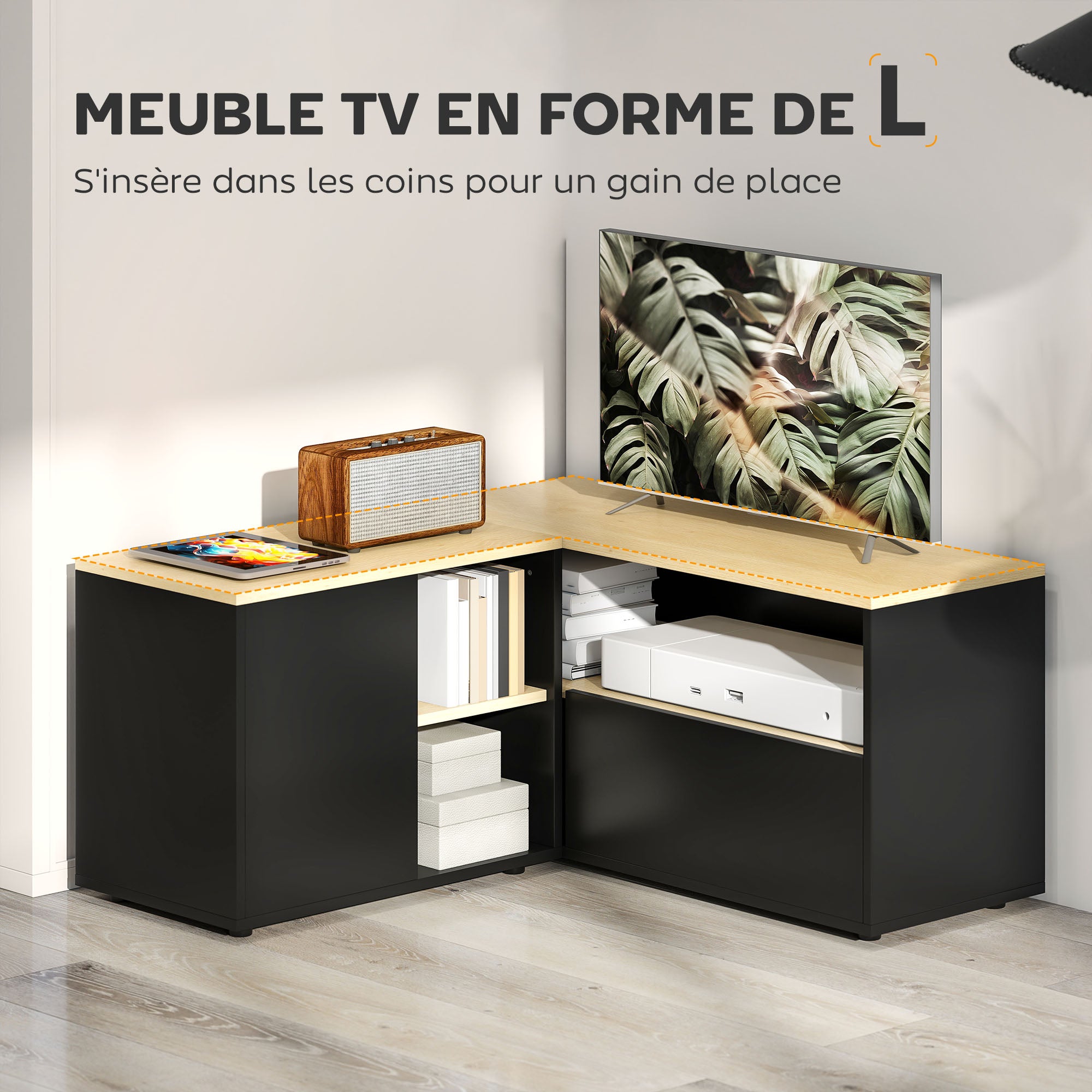 Meuble TV d'angle banc télévision jusqu'à 40 pouces avec 2 placards et 3 niches 90 x 90 x 45 cm chêne et noir