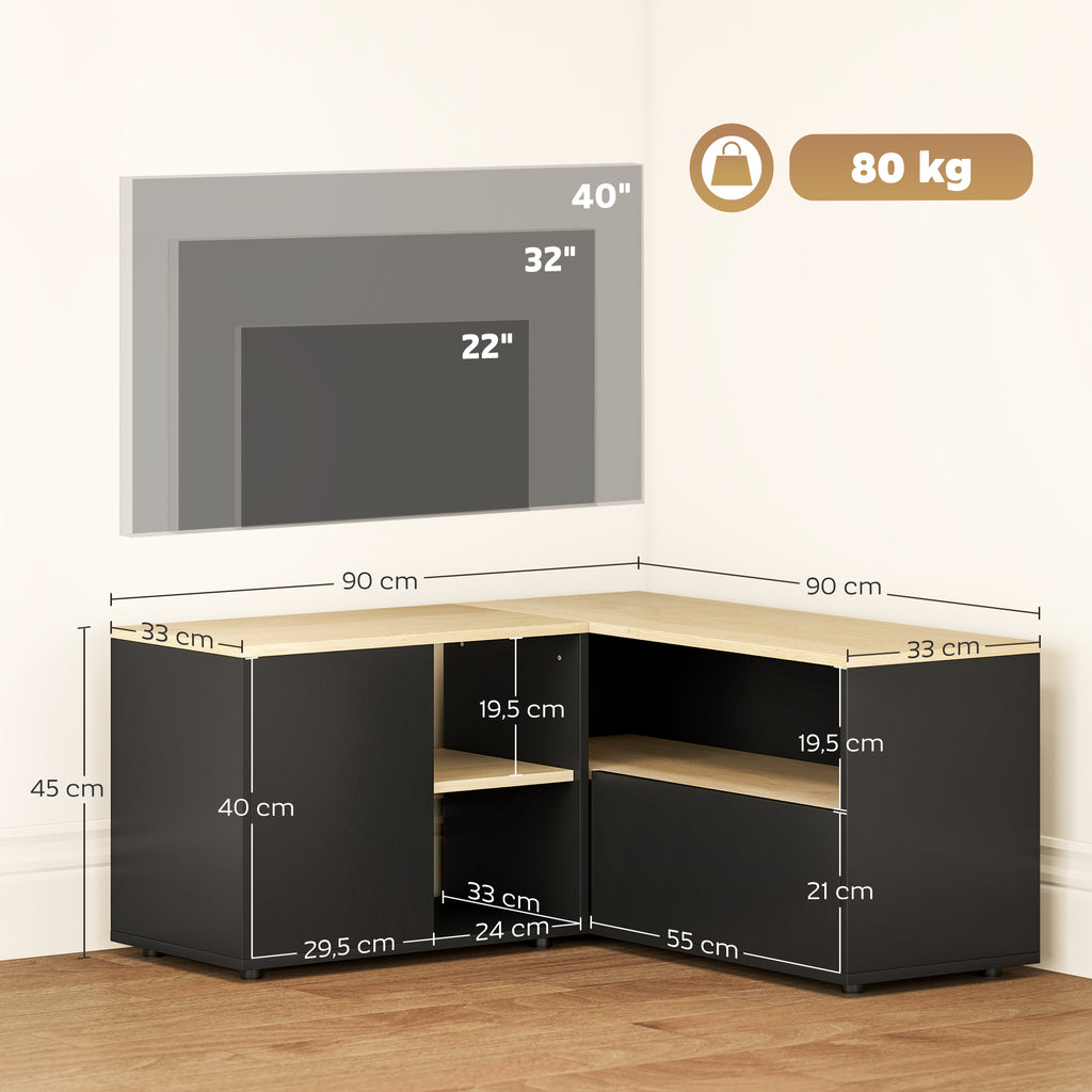Meuble TV d'angle banc télévision jusqu'à 40 pouces avec 2 placards et 3 niches 90 x 90 x 45 cm chêne et noir