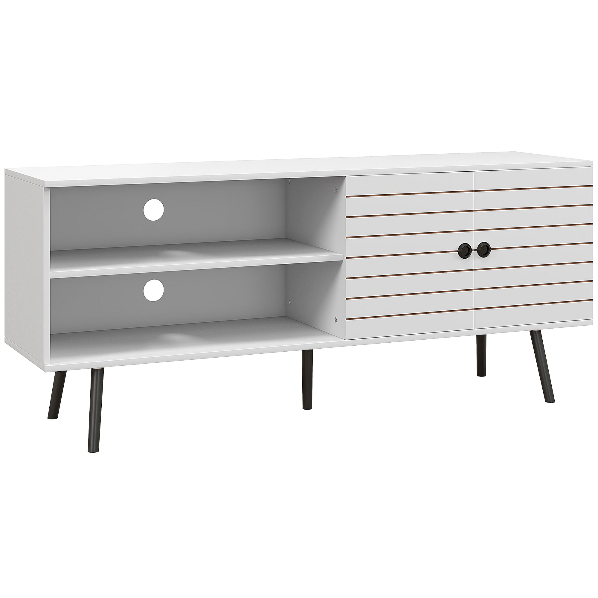 Meuble TV pour télévision jusqu'à 65 pouces avec 2 compartiments ouverts et 1 étagère réglable 145x38x65 cm Blanc
