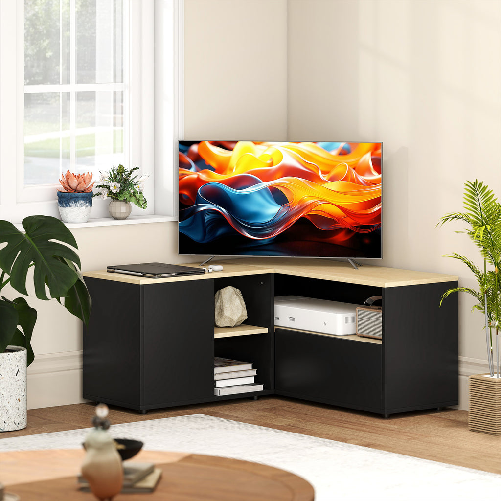 Meuble TV d'angle banc télévision jusqu'à 40 pouces avec 2 placards et 3 niches 90 x 90 x 45 cm chêne et noir