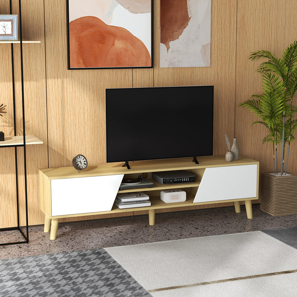 Meuble TV pour télévision jusqu'à 65 pouces design scandinave 2 portes 2 niches avec passe-câbles 150 x 30 x 42 cm